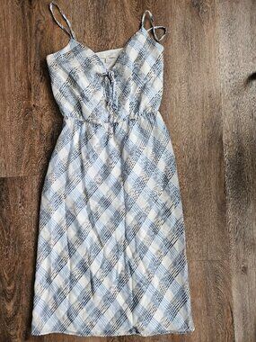 Joie 100% silk white blue midi women's dress XS bow detail adjustable straps